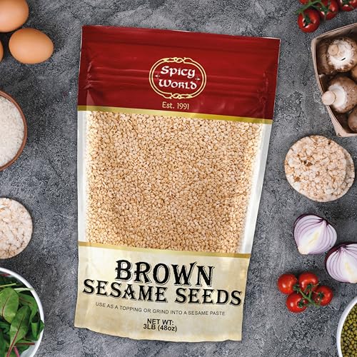 Spicy World Natural Brown Sesame Seeds 3 LB (48oz) - Non-GMO, Vegan, Raw, Unroasted, Unsalted, Plant-Based Protein, Source of Fiber & Iron