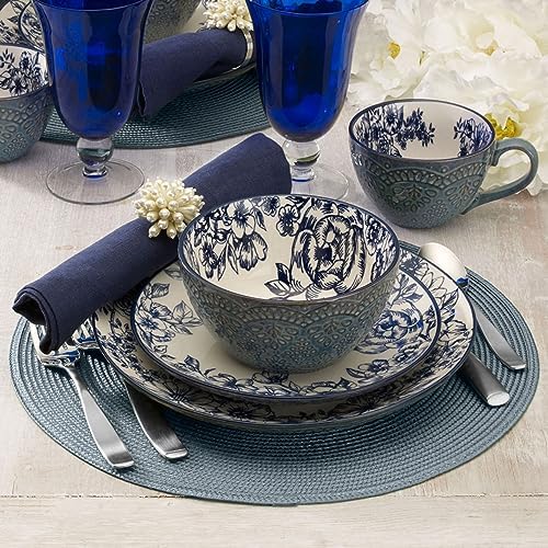 Pfaltzgraff Gabriela Blue 16-Piece Dinnerware Set, Service for 4, Durable Stoneware Plates, Bowls, and Mugs with Elegant Blue Pattern, Dishwasher Safe
