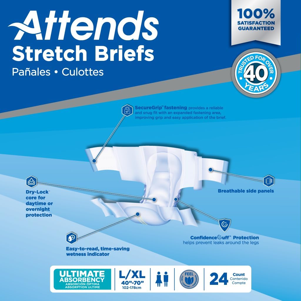 Attends Stretch Adult Incontinence Disposable Briefs, Large/X-Large, 40"-70" Waist with SecureGrip Tab Closure, Ultimate Absorbency with Dry-Lock Containment Core and Breathable Side Panels, 96ct Case