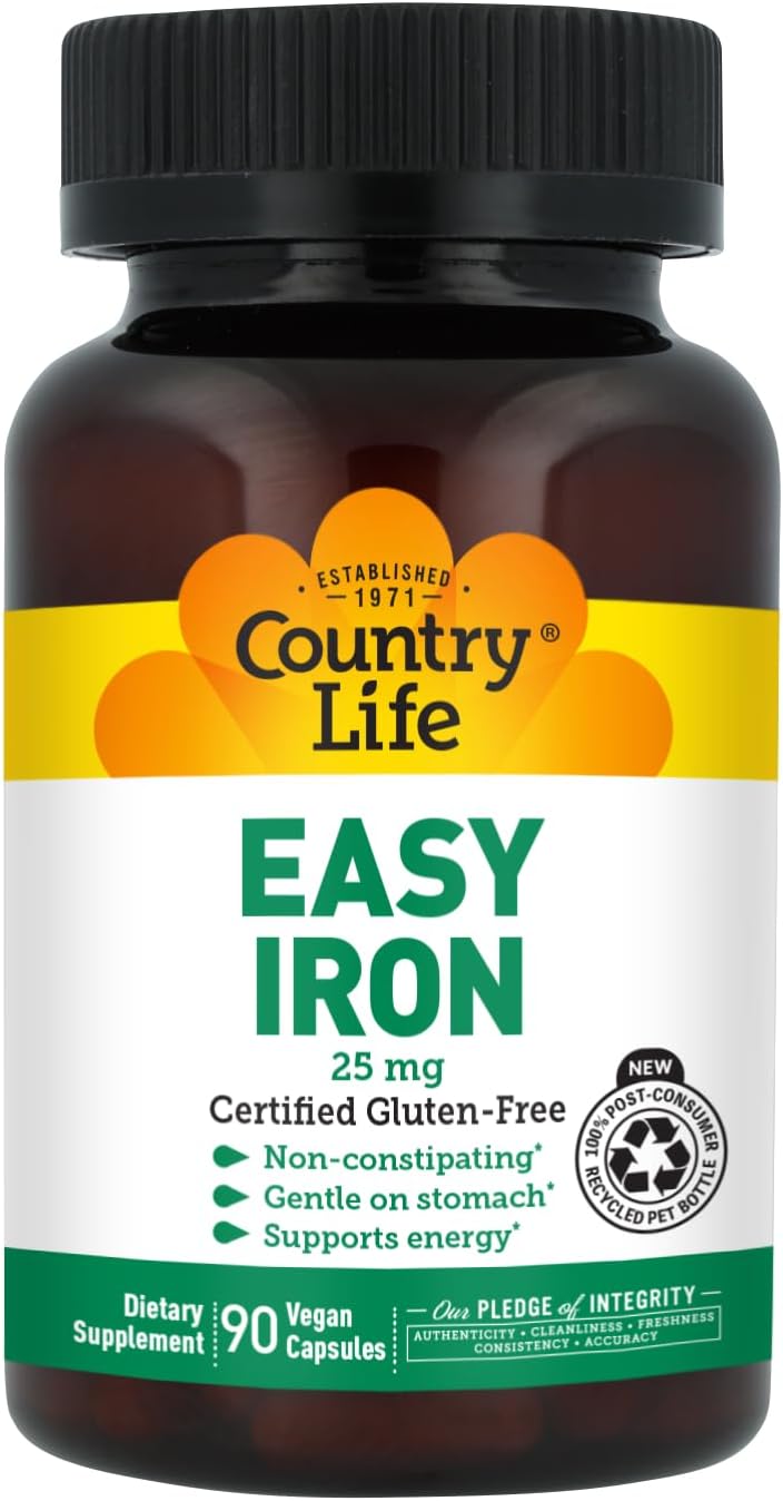 Country Life Easy Iron 25 mg with Ferrochel, 90 Capsules | Non-constipating and gentle on the stomach, Certified Gluten-Free, Vegan and Kosher Parve