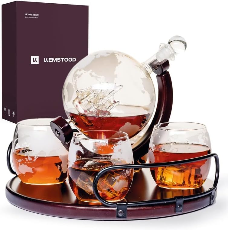 Kemstood Whiskey Decanter Sets for Men - Etched World Globe Design with Wood Stand & 2 Glass - Ideal for Dignified Drinking, Home Decor - Unique Whiskey Gifts for Men - 28 oz / 850 ml Capacity