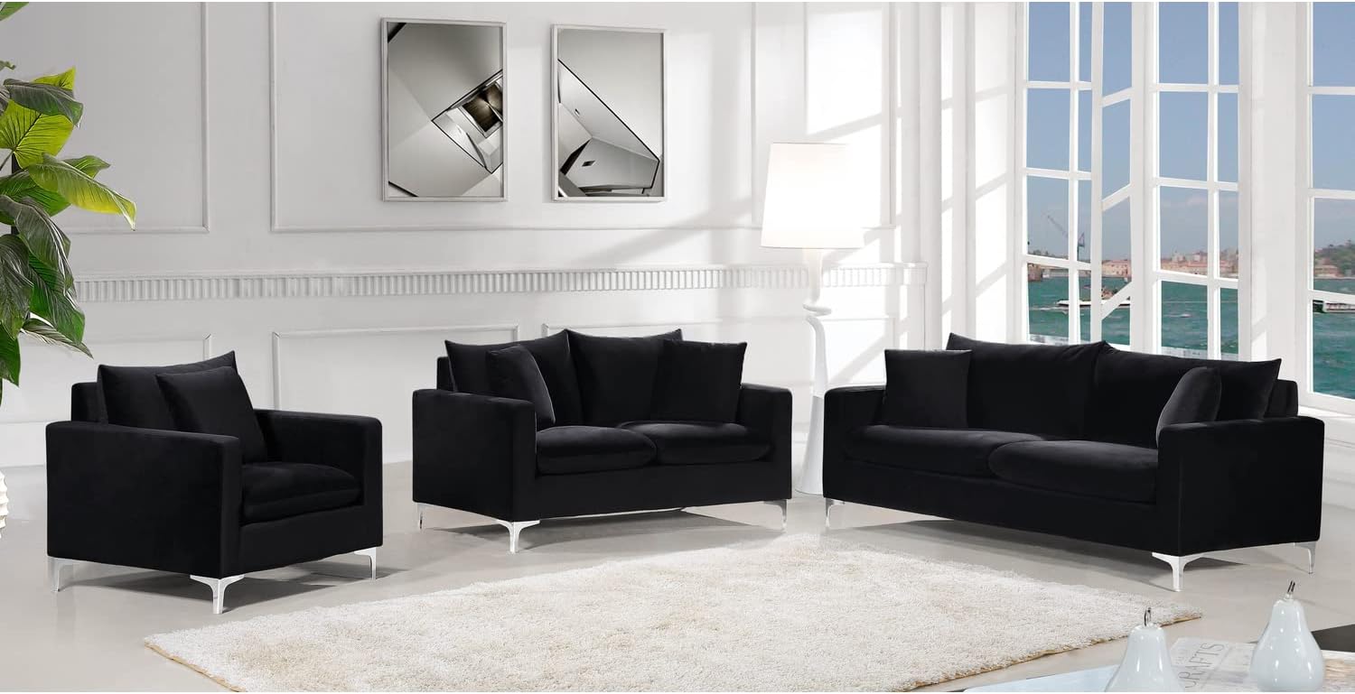 Meridian Furniture Naomi Collection Modern | Contemporary Grey Velvet Upholstered Loveseat with Stainless Steel Base in a Rich Gold or Chrome Finish, 633Grey-L