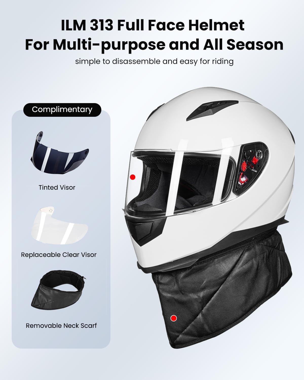 ILM Full Face Motorcycle Street Bike Helmet with Removable Winter Neck Scarf + 2 Visors DOT Model ILM-313