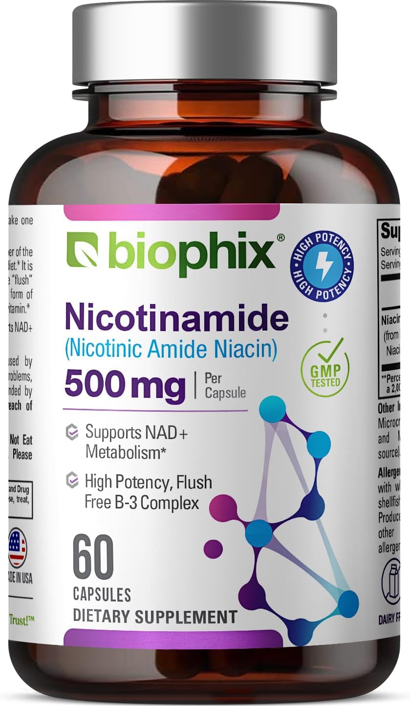 biophix B-3 Nicotinamide 500 mg 180 Caps - Nicotinic Amide Niacin Natural Flush-Free Vitamin Formula - Supports Skin Cell Health