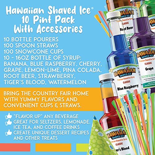 Hawaiian Shaved Ice Syrup Assortment with 10 - 16oz Bottles, 50 Snow Cone Cups, 50 Spoon Straws