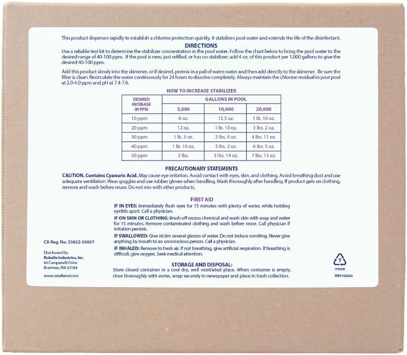 Robelle 7-Pounds Premium Chlorine Stabilizer and Conditioner, Made in USA | Concentrated Cyanuric Acid for Pools, Pool Stabilizer, Helps Chlorine Last Longer, 6 oz raises CYA 10 ppm per 5,000 gallons