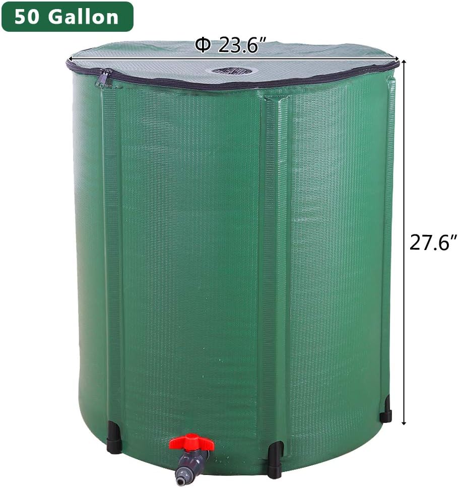 Collapsible Rain Barrel, Portable Water Storage Tank, Rainwater Collection System Downspout, Water Catcher Container (50 Gallon, Green)