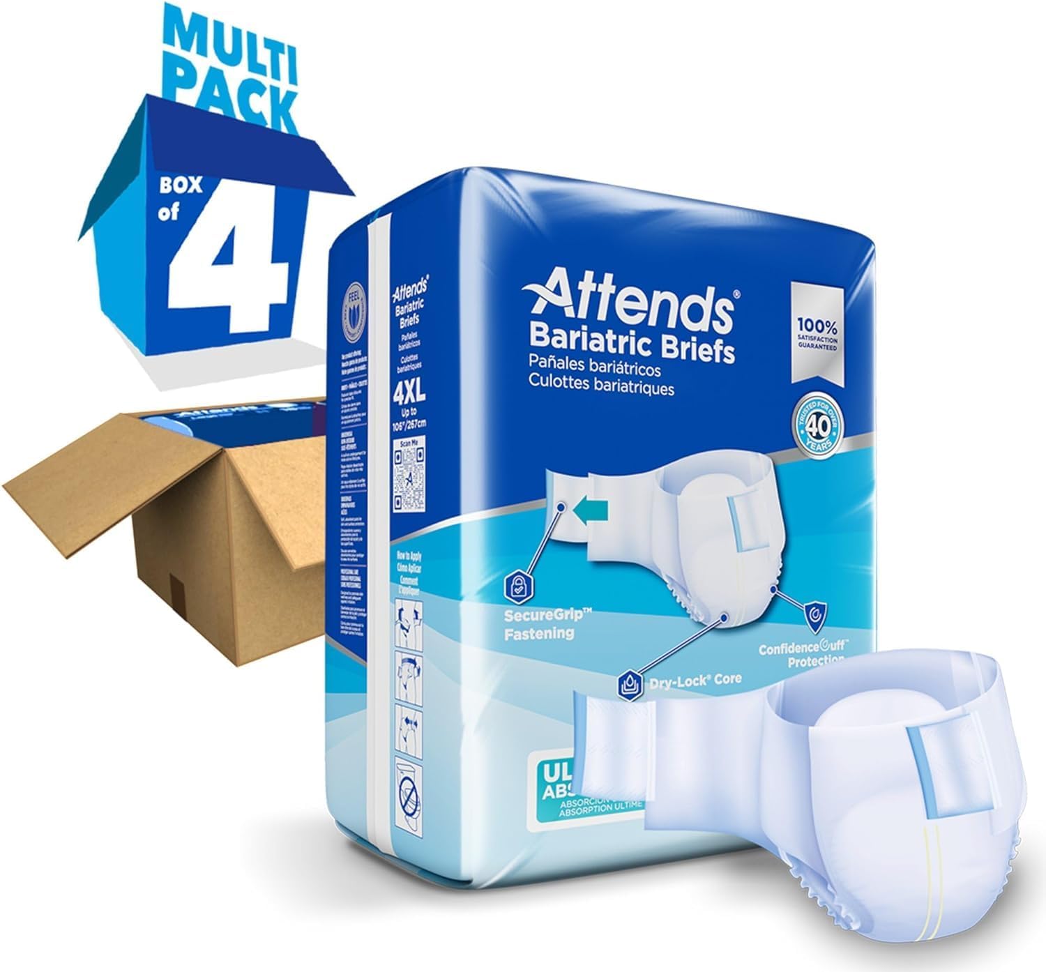 Attends Bariatric Incontinence Disposable Briefs, XX-Large, 63"-70" Waist with Tab Closures, Ultimate Absorbency, Dry-Lock Containment Core and ConfidenceCuff Leakage Protection, 2XL 48ct Case