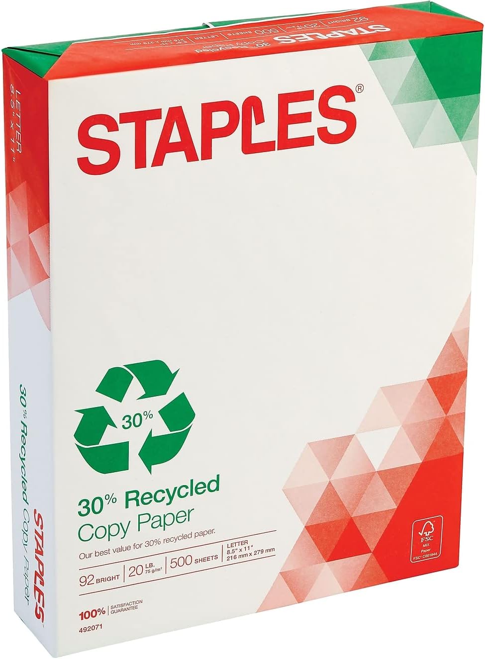 Staples 30% Recycled 8.5-Inch X 11-Inch Copy Paper 20 Lbs 92 Brightness 500/Ream, For Office, School & Home