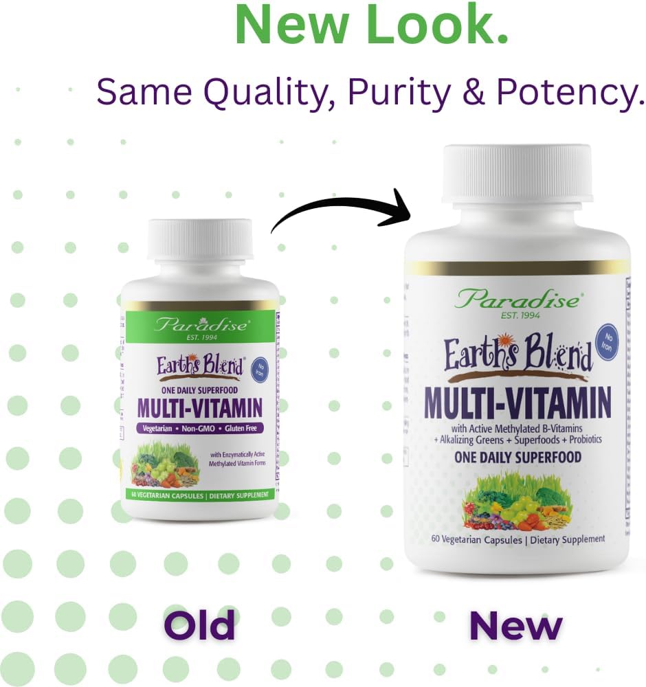 Paradise Herbs & Essentials Once Daily Multivitamin Iron 60 Capsules | Organic superfoods, probiotics, and vitamins A, B12, C, D, K2 in a dietary supplement for immune and bone support.