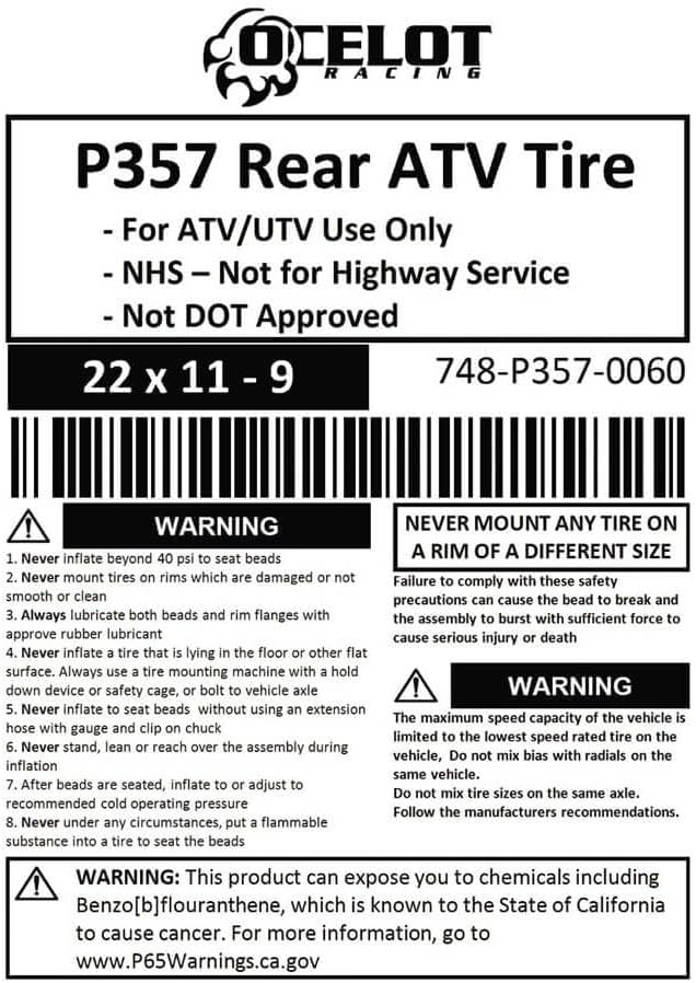 P357 ATV Rear Tire 22x11-9 GNCC Holeshot Sport RAZR Style 4-Ply Bias Construction with Non-Directional Tread Pattern For Durability, Grip