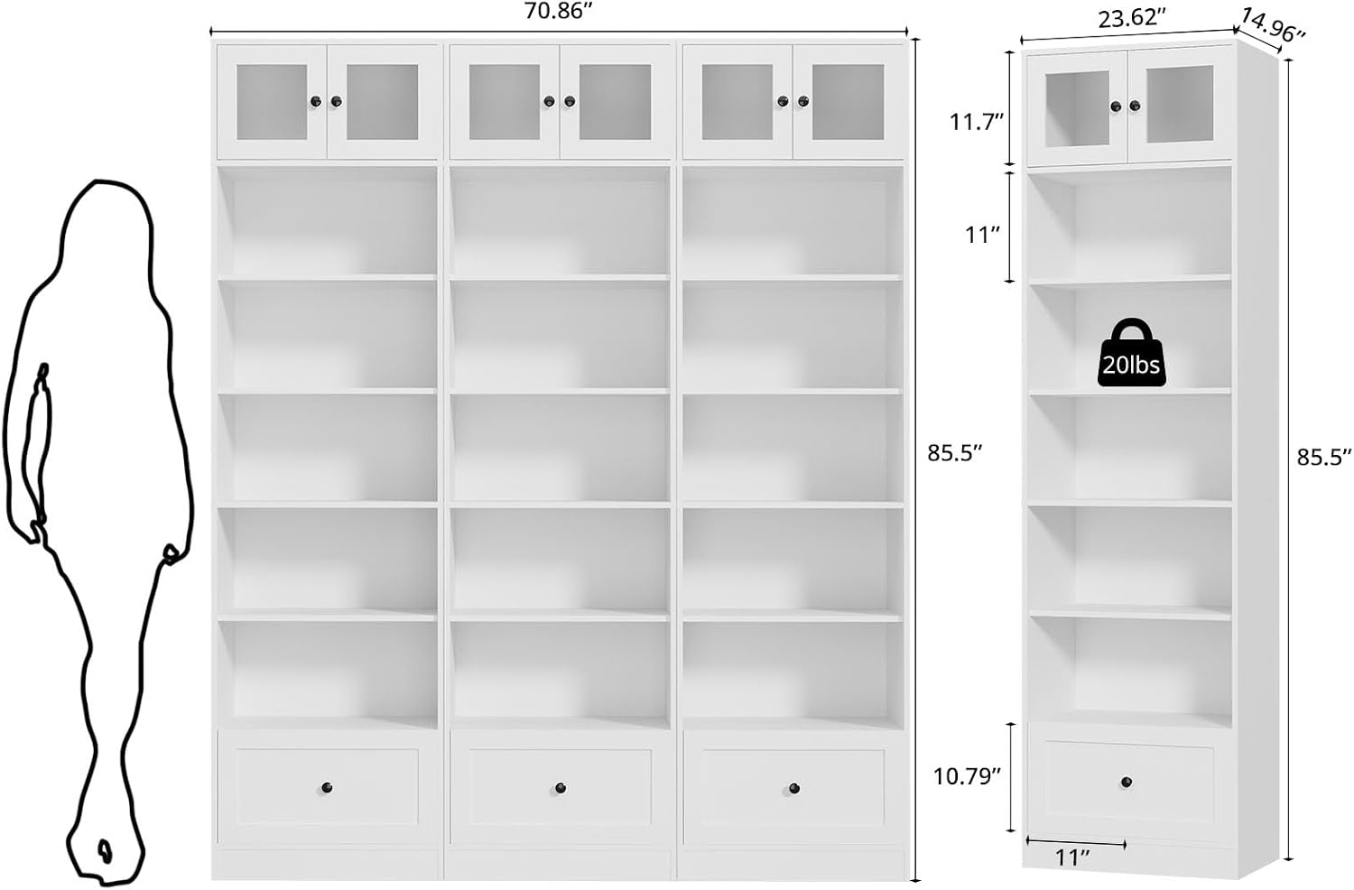 TUSY 85.5 Inch Tall Bookshelf with Doors - 7 Tier Bookcase with Glass Doors and Drawer, 23.6" Wide Storage Cabinet with Open Shelves for Living Room, White Book Shelf for Home Office, Study (AAAA)