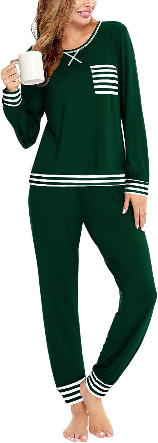 SWOMOG Women’s Pajamas Set Long Sleeve Sleepwear with Long Pants Soft Modal Loungewear Pj Set