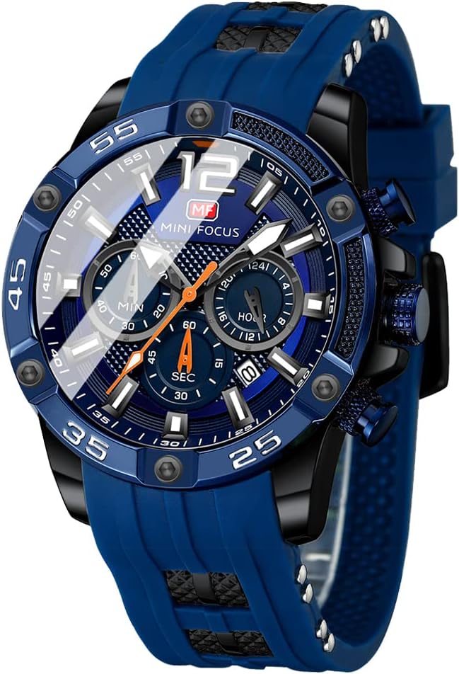 MF MINI FOCUS Men Watch, Chronograph Waterproof Sport Analog Quartz Watches Blue Silicon Strap Fashion Wristwatch for Men