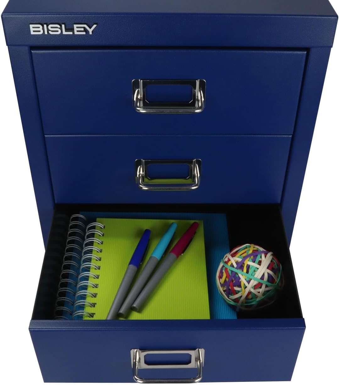 5-Drawer Steel MultiDrawer Cabinet - Orange, by Bisley | Chrome Pull Handles with Label Holders, Powder-Coated Steel, Removable Drawers, Desktop Storage, Labels Included