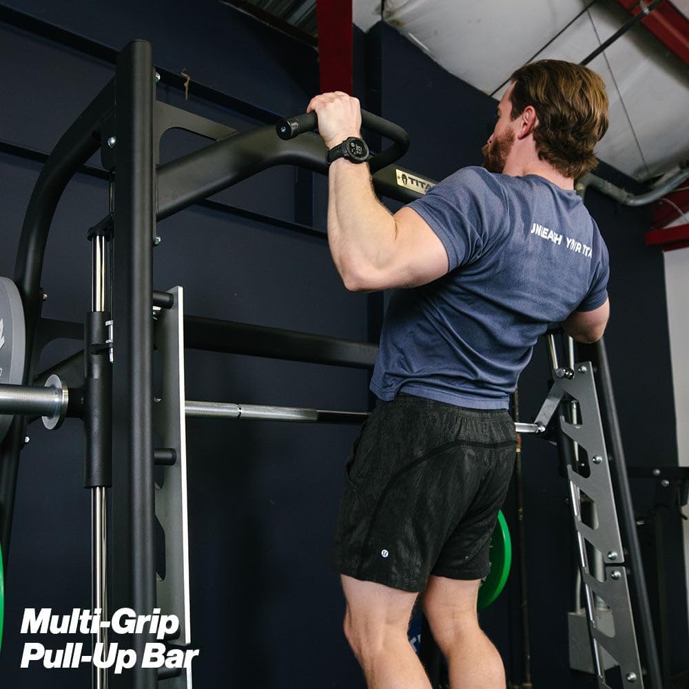 Titan Fitness Smith Machine, Counterbalanced Power Rack with Adjustable Safety Stops, Olympic Fixed Barbell Design, Multi-Grip Pull Up Bar