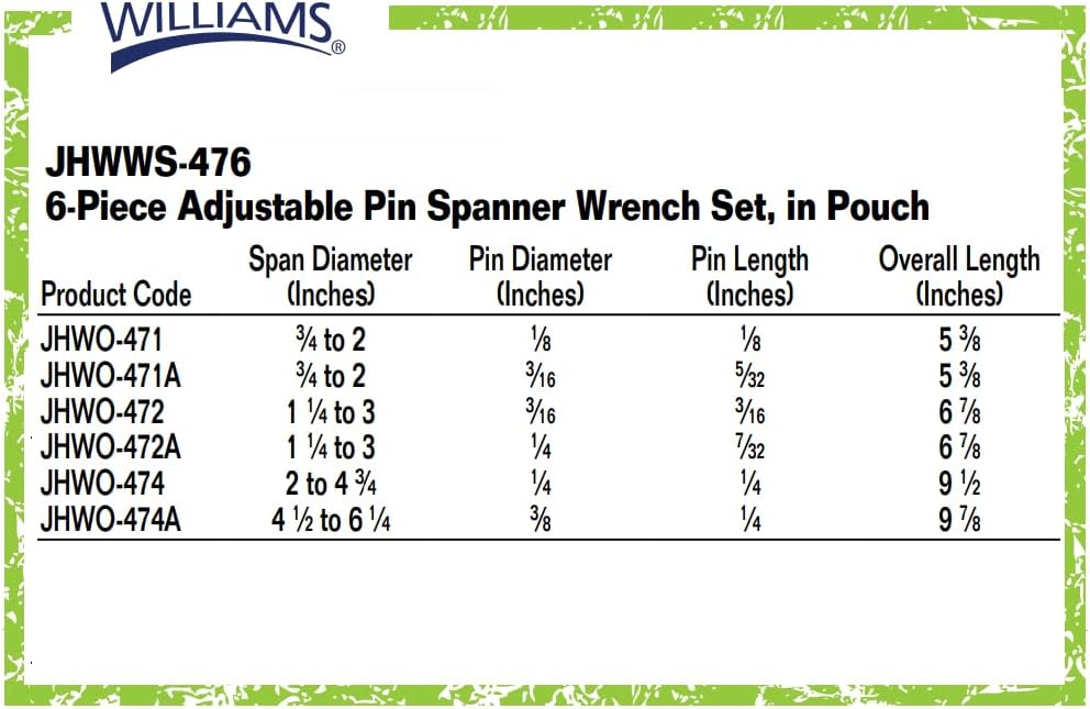 Williams JHW474 Adjustable Hook Spanner Wrench with Span Diameter of 2 to 4-3/4-Inch, Ideal for Adjusting Collars, Lock Nut Rings, and Bearings