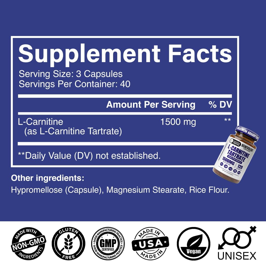 Benevolent L Carnitine Supplement - High Potency 1500mg – 120 Capsules