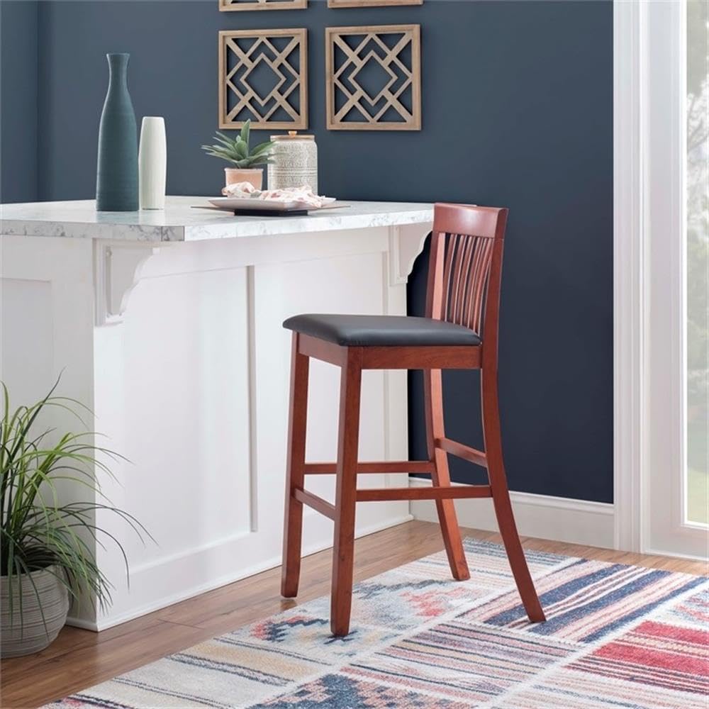 Riverbay Furniture 25" Mission Back Bar Stool, Rubberwood & Faux Leather, Dark Cherry/Black Finish, Counter Height Dining Seat with Padded Easy-Clean Upholstery, 37" H for Kitchen or Home Bar Use