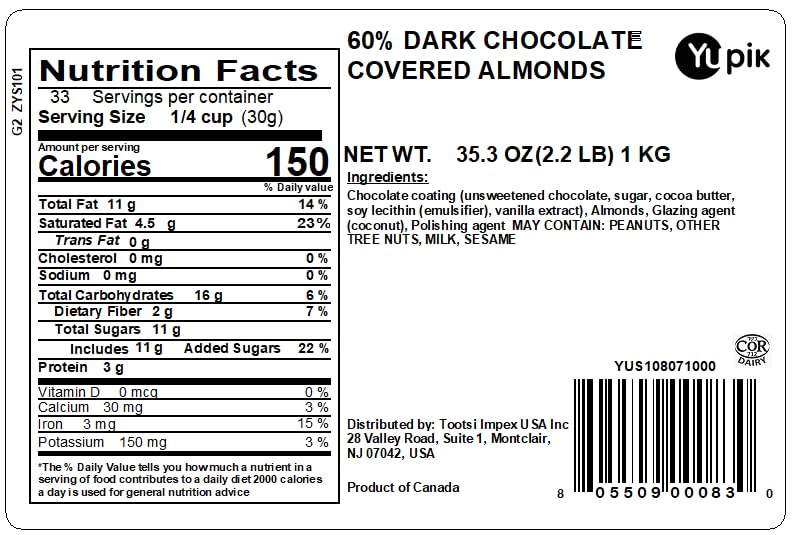 Yupik 60% Dark Chocolate Covered Almonds, 2.2 lb (35.2 oz), Kosher, Whole Nuts, Almonds Dipped in Chocolate, Crunchy & Smooth, Dark Chocolate Candy, Classic Sweet Snacks