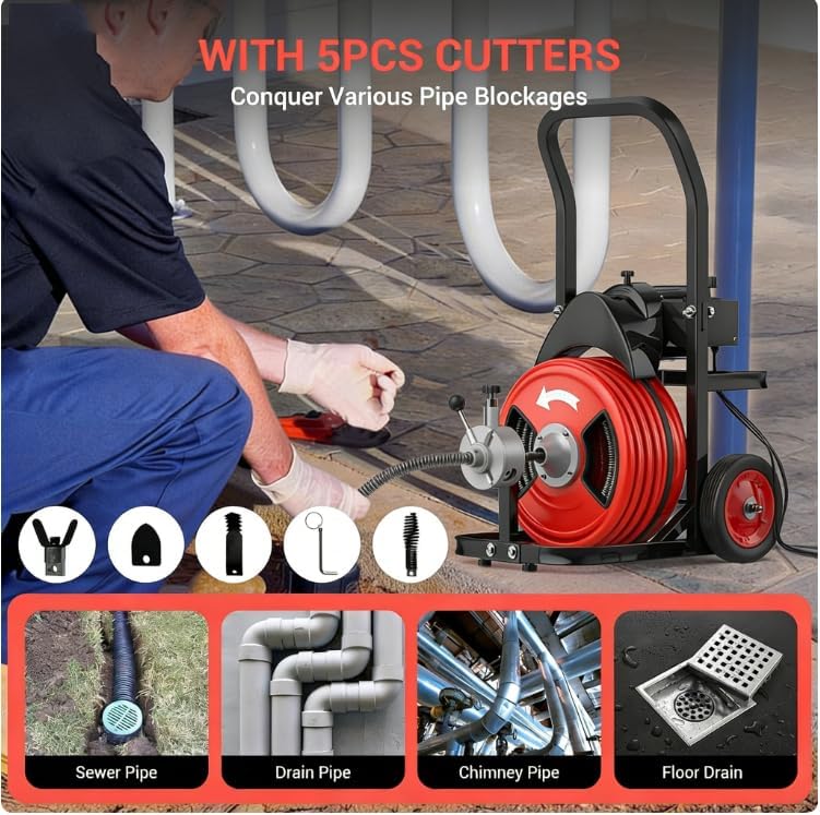 100Ft 3/4 Inch Drain Cleaning Machine. Sewer Snake 750w Auto Feed | Portable Drain Cleaning Machine Electric Drain Auger Sewer Auger with 6 Cutter Air-Activated Foot Switch for 4" to 8" Pipes
