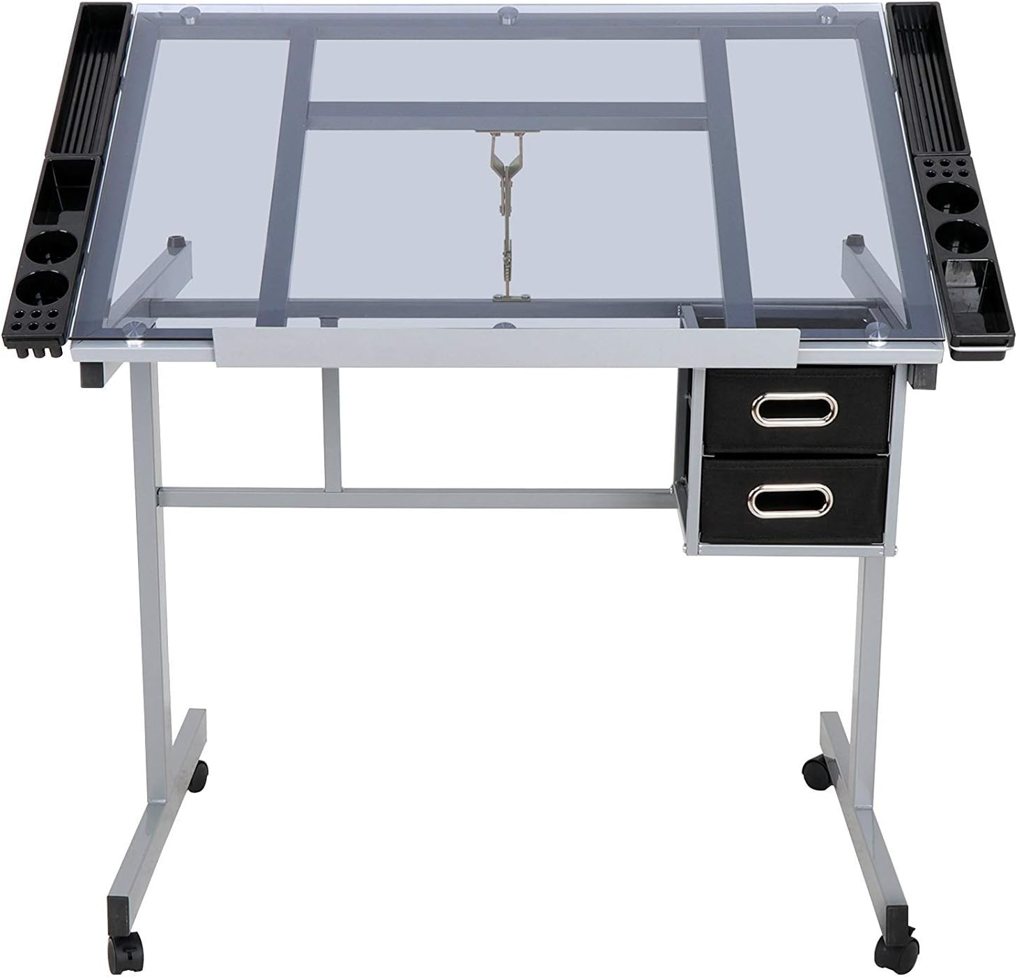Adjustable Drafting Table Drawing Desk Art Craft Station Drafting Desk Glass Tabletop w/2 Slide Drawers and Wheels for Drawing, Sketching, Reading