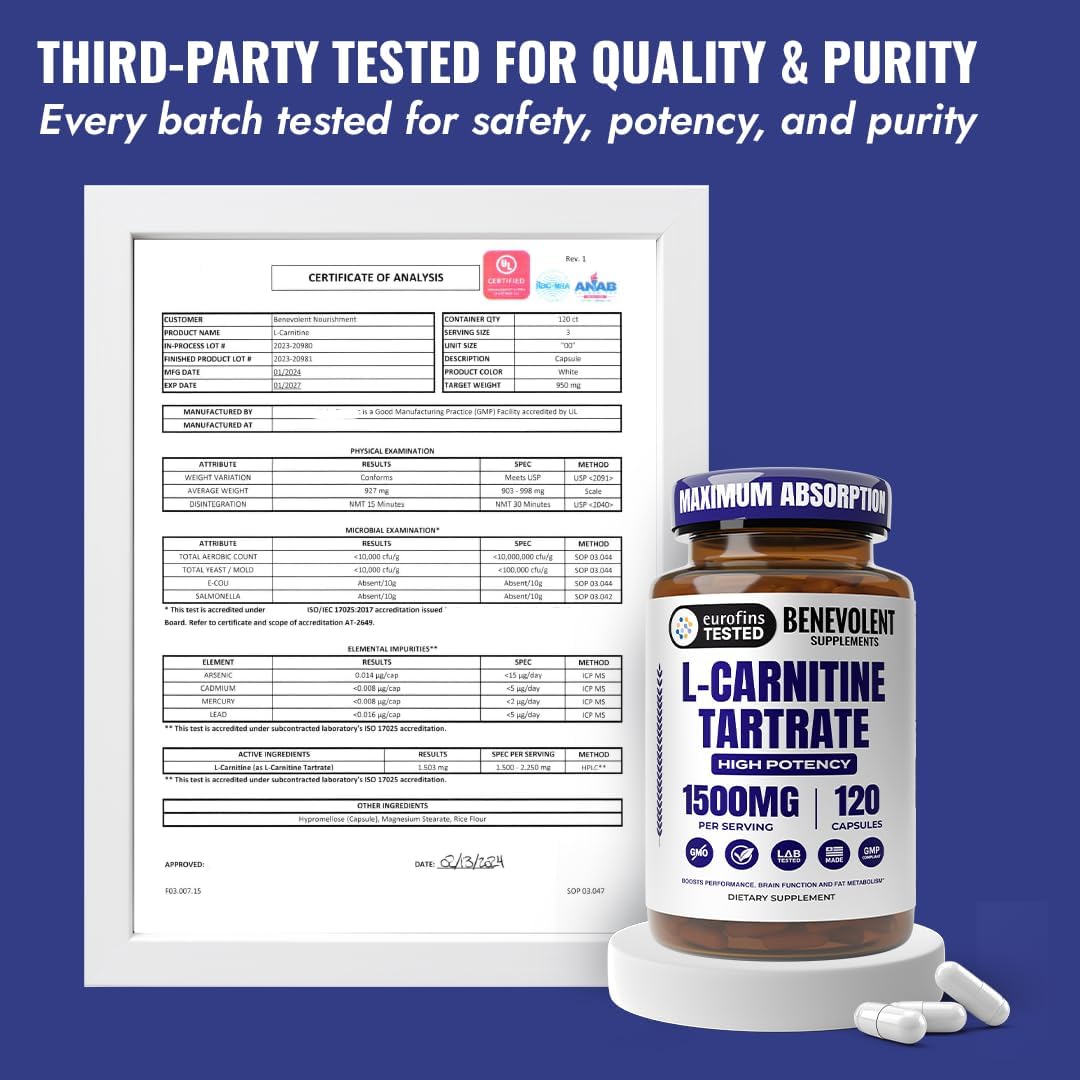 Benevolent L Carnitine Supplement - High Potency 1500mg – 120 Capsules