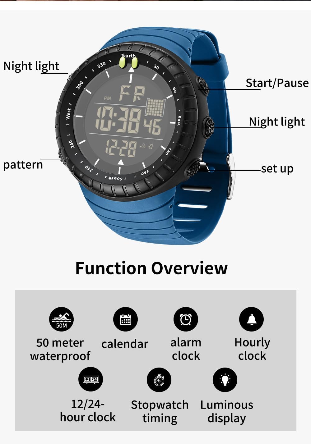 Gosasa Men Sport Watch Countdown Stopwatch Watch Mens Wrist Watch Waterproof LED Electronic Digital Male Watch 12/24 Hour Multifunctional Watch