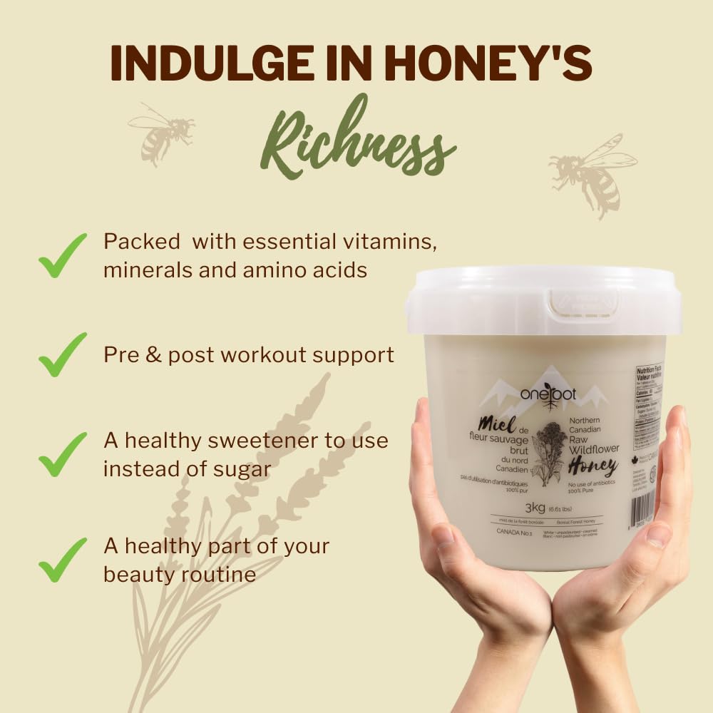 Oneroot 100% Canadian Wildflower Honey - 1.1 lbs, Unheated & Creamed - Nutrient-Rich, Natural Sweetener with Enzymes - Thick & Pure Raw Unfiltered Honey