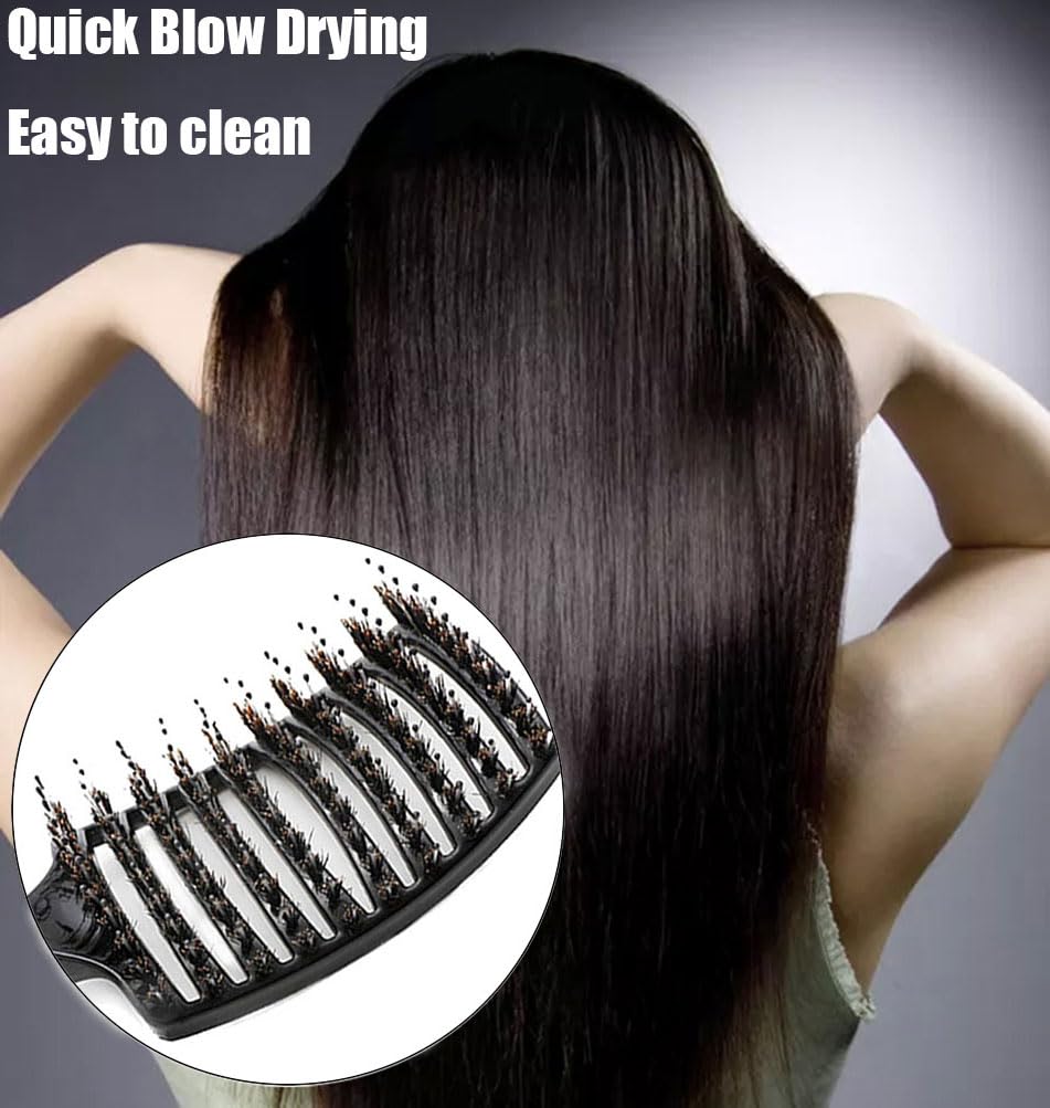 Boar Bristle Detangler Vent Hair Brush for Blow Drying, Curved Vented Paddle Detangling Brush for Women Men