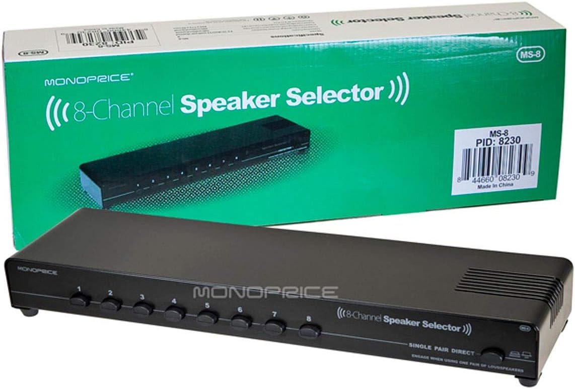 Monoprice 108230 8-Channel Speaker Selector - Black With Impedance Matching Protection, Up To 200 Watts Per Ch. Perfect for Home Theater Audio