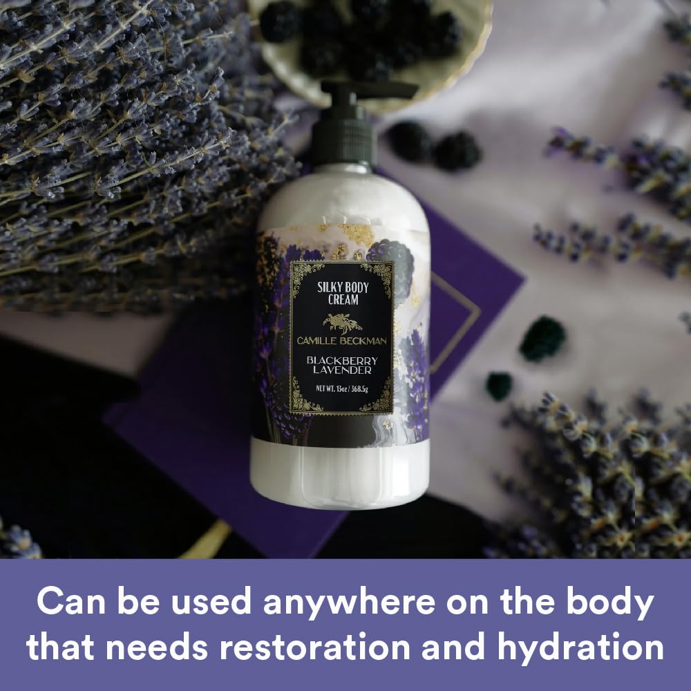 Camille Beckman English Lavender Silky Body Cream, Moisturizer, 13 oz | Sweet almond oil, glycerin, aloe & vitamin E; non-greasy vegan formula; fresh lavender scent; for all skin types; USA made
