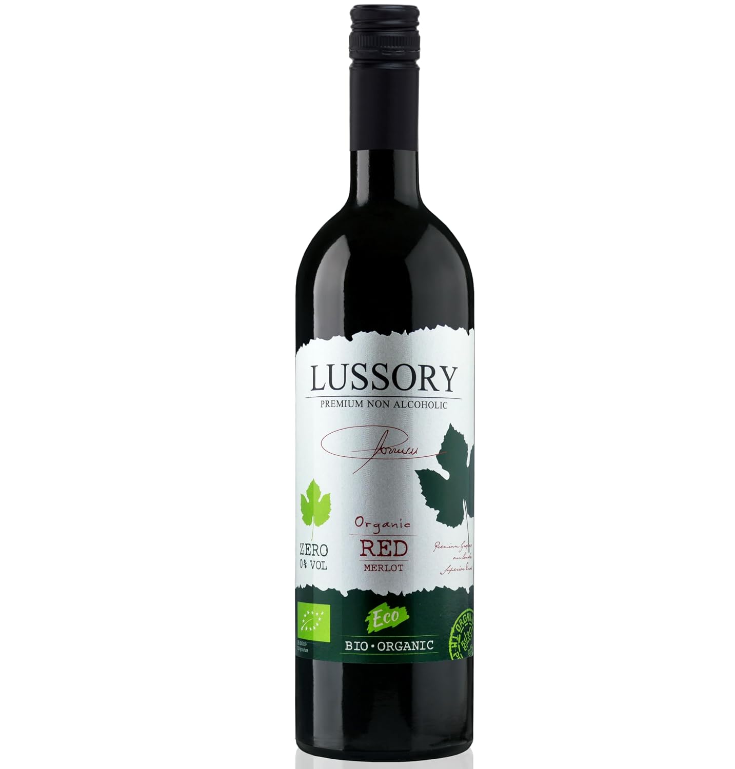 Lussory Organic Merlot Dealcoholized 0.0% Non Alcoholic Wine Red From Spain, Low Calories, Organic, Vegan (750ml, 1 Bottle)
