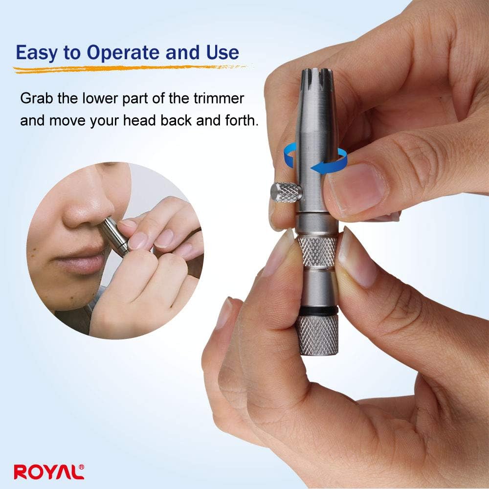 ROYAL [Made in Korea] Premium Manual Nose Hair Trimmer for Men Silver Bullet, Battery-Free, Stainless Steel Rotary Blade Grooming Tool, Waterproof