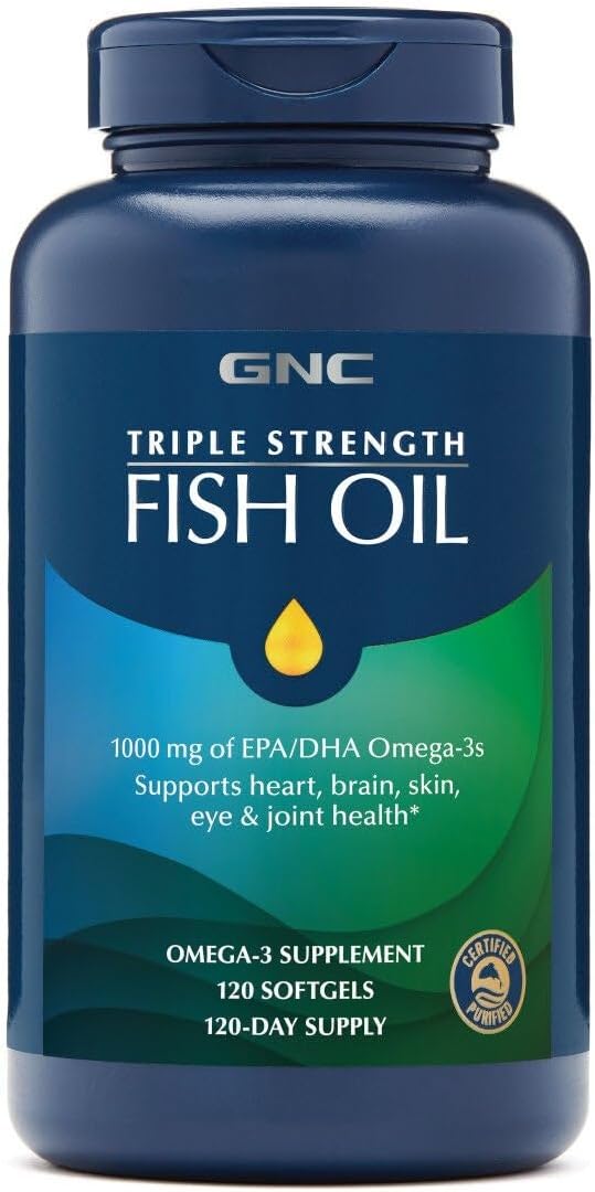 GNC Triple Strength Fish Oil Omega 3 Supplement, 1000mg EPA and DHA, Supports Heart, Brain, Skin, Eye and Joint Health, 60 Softgels