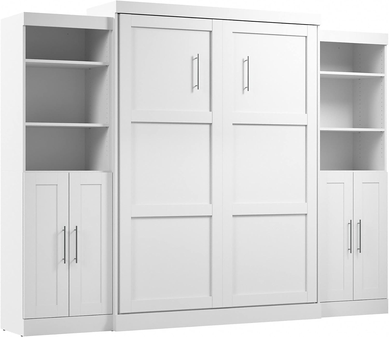 Bestar Pur Full Murphy Bed and 2 Shelving Units with Drawers, 109-inch Space-Saving Sleeping Arrangement in White | 2 Shelving Units with Drawers; supports up to 1000 lb; min. ceiling height 86.4 in.; dual piston mechanism; 10-year warranty