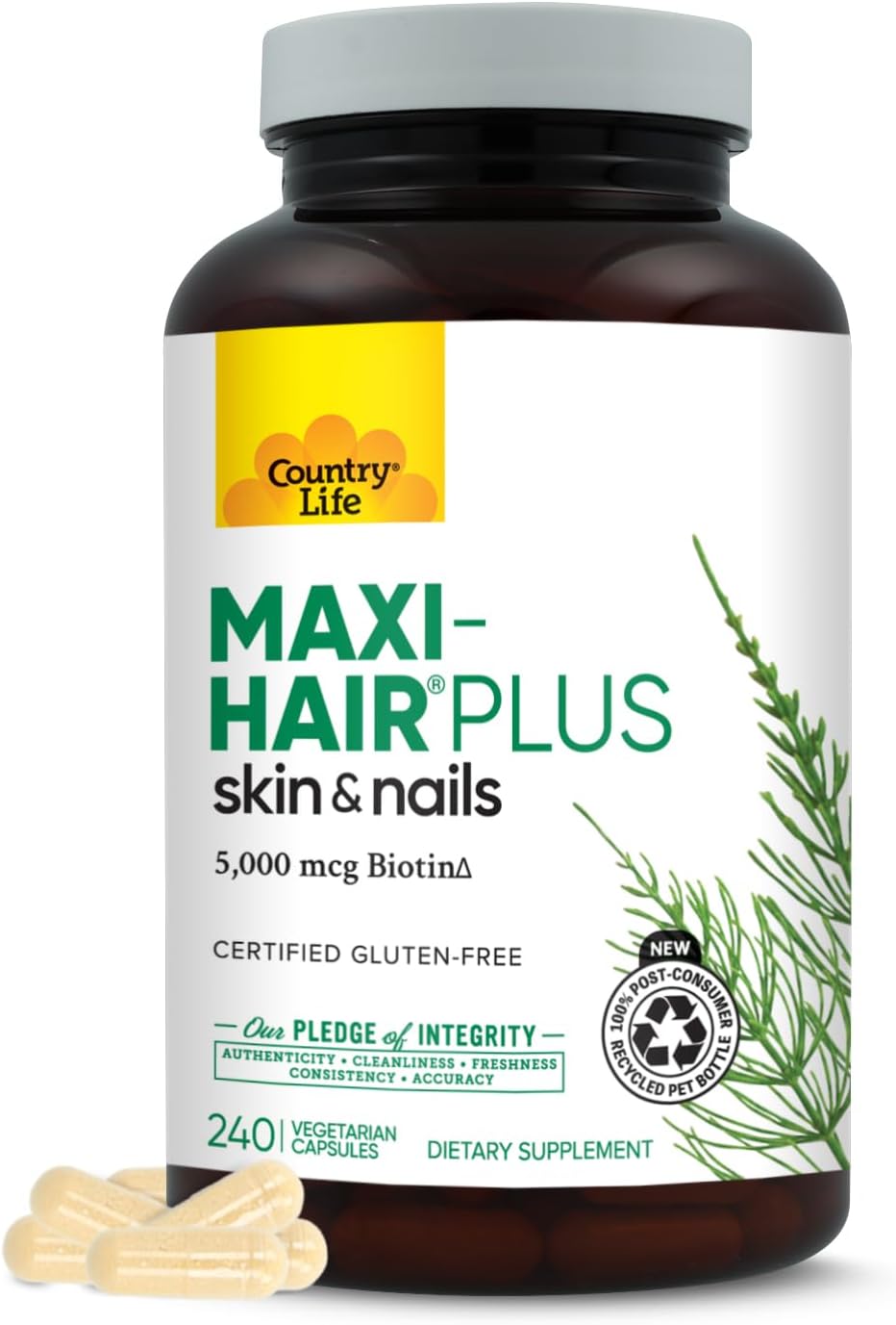 Country Life Maxi-Hair Plus 5000 mcg Biotin, 240 Vegetarian Capsules | Supports healthier-looking skin and strands plus strong nails from within
