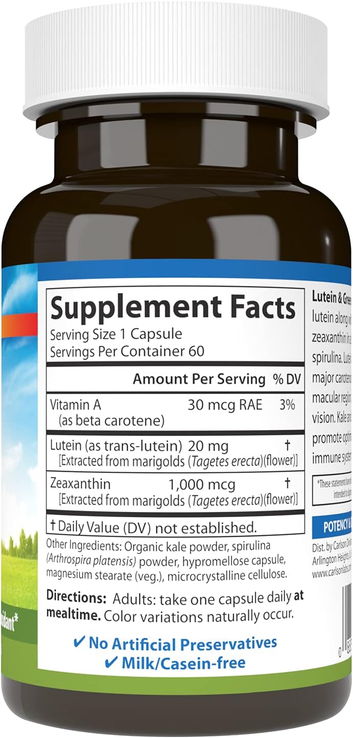Carlson Lutein & Greens, 20 mg, Vision Support, 60 Vegetarian Capsules | Made with Lutemax 2020; Blue Light Protection; Eye Function