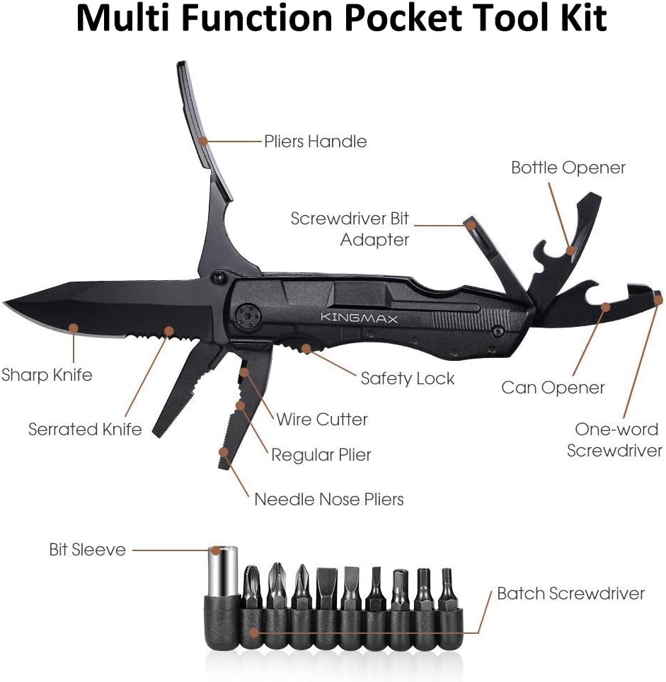 KINGMAX Pocket Knife, Multitool Tactical Knife with Blade, Saw, Plier, Screwdriver, Bottle Opener, Folding Knife Built with Full Stainless Steel
