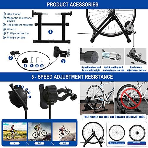 Portable Bike Trainer Stand Bicycle Trainers Road, Bike Trainer for Indoor Riding Magnetic Bike Trainer with Noise Reduction Wheel 5 Levels Resistance