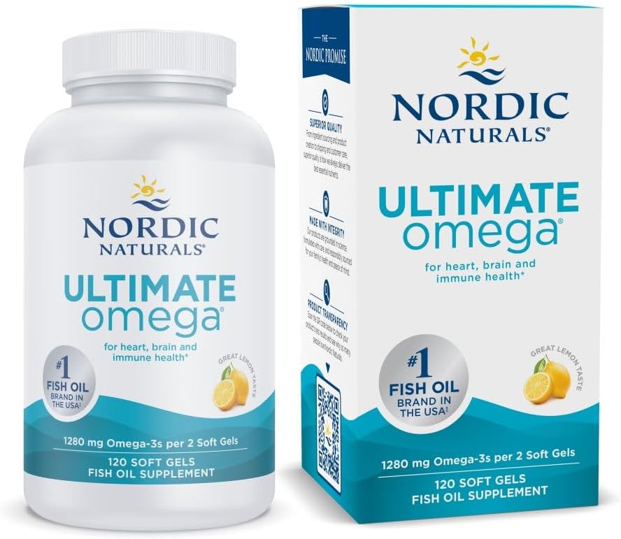 Nordic Naturals Ultimate Omega, 1280mg Omega-3 Fish Oil, Lemon - 60 Count | High-potency Omega-3 Fish Oil with EPA & DHA supports brain & heart health. Non-GMO, burpless formula. 30 servings.