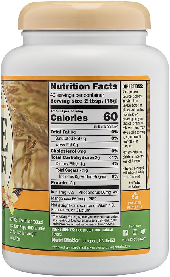 NutriBiotic – Plain Rice Protein, 1 Lb 5 oz (600g) - Low Carb, Keto-Friendly, Vegan, Raw Protein Powder - Grown & Processed Without Chemicals, GMOs or Gluten - Easy to Digest & Nutrient-Rich