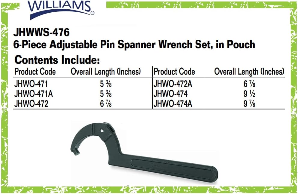 Williams JHW474 Adjustable Hook Spanner Wrench with Span Diameter of 2 to 4-3/4-Inch, Ideal for Adjusting Collars, Lock Nut Rings, and Bearings