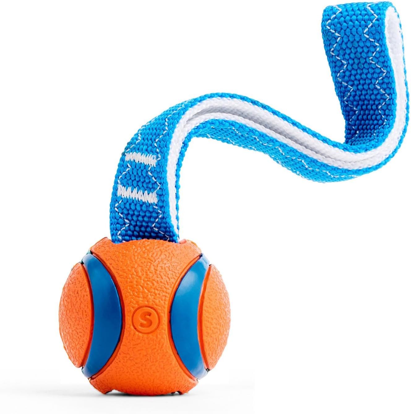 Chuckit! Ultra Tug Dog Toy - Ultra Ball on a Durable Nylon Cord Handle - Fetch and Tug-of-War Toy for Dogs - Size Large - For Breeds 60-100 lbs - 3-inch Diameter - Orange and Blue