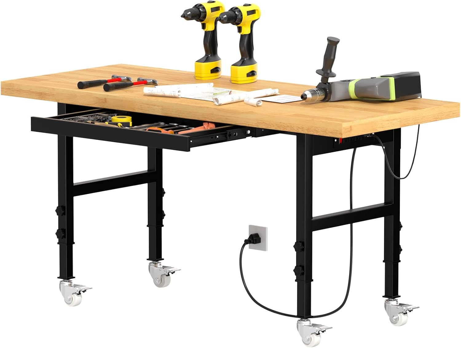 48" Heavy Duty Work Bench with Drawers, Adjustable Height Workbench with Wheels, 2000 LBS Capacity Work Table with Power Outlets for Garage, Workshop, Office, Home
