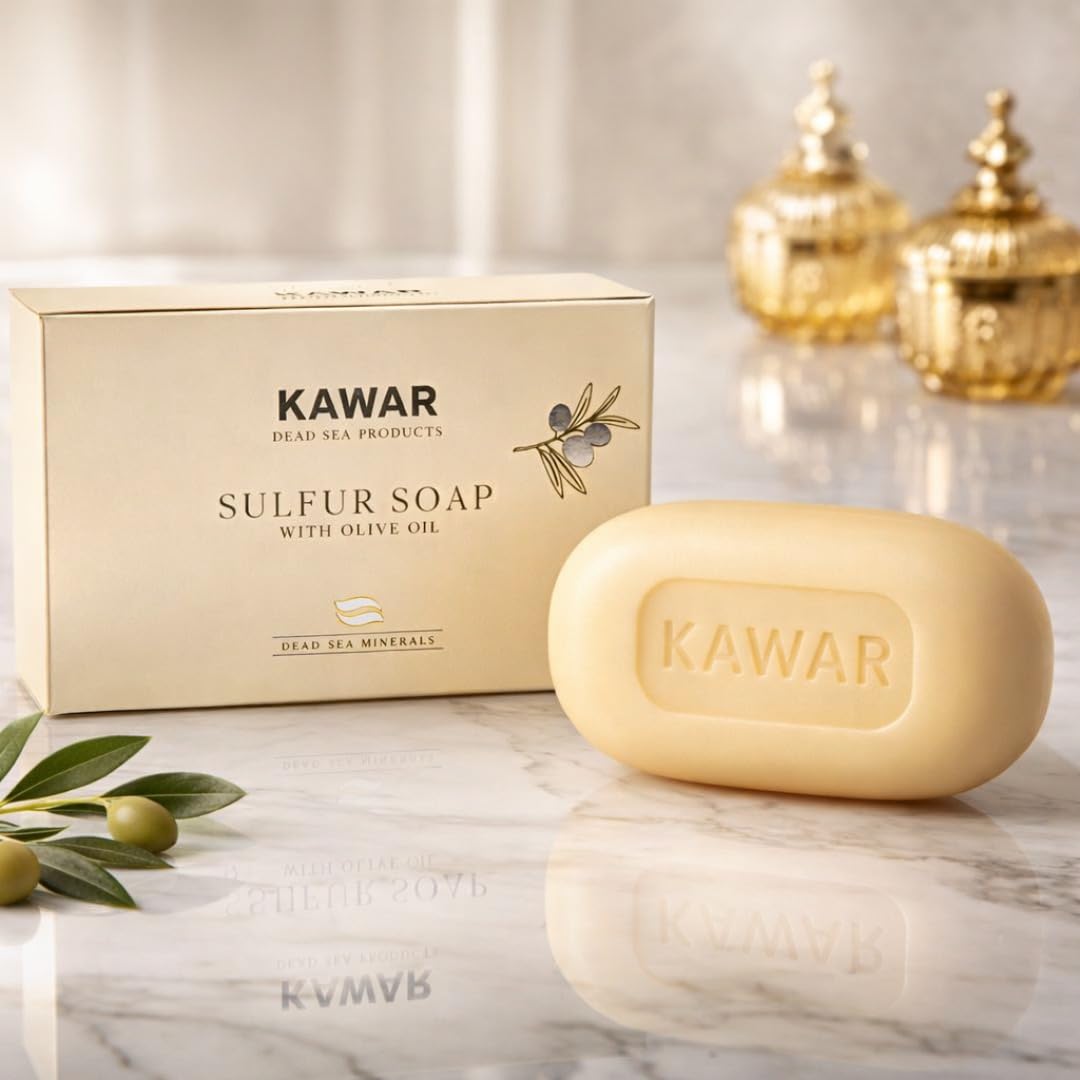 KAWAR Premium Dead Sea Sulfur Soap with Olive Oil, Face & Body Bar, 1-Pack | No Fragrance, No Artificial Colorants, Authentic Dead Sea - Vegan Formula Enriched with Argan & Jojoba Oil, Men & Women