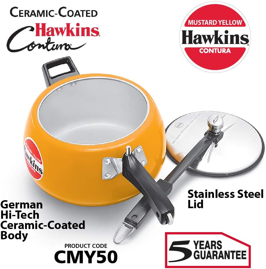 Hawkins 5 Litre Contura Pressure Cooker, Ceramic Coated Handi Inner Lid Cooker, Tomato Red (CTR50)