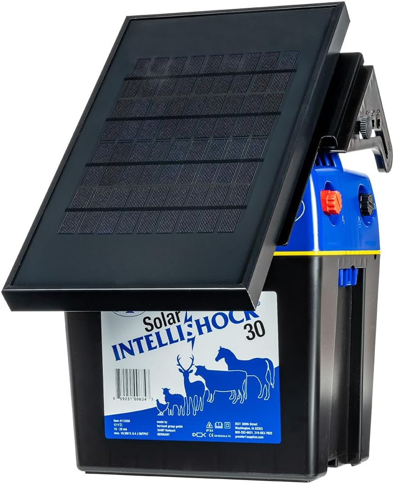 Premier 1 Solar IntelliShock® 30 Fence Energizer | 0.3J. Reduces demand when voltage is high. Includes 12V/15AH battery