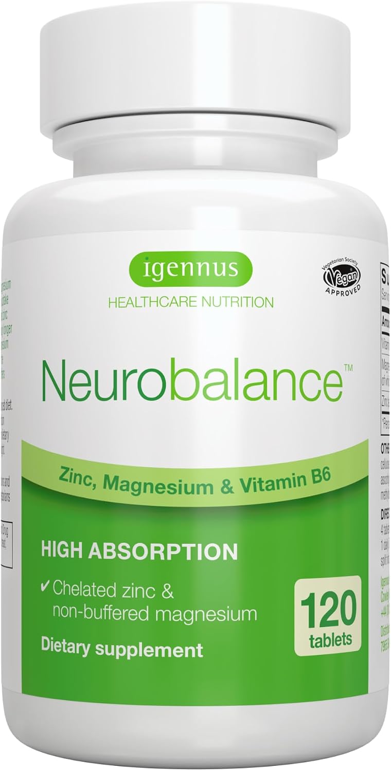Igennus Neurobalance High Absorption Zinc Magnesium & B6 Complex | Cognitive Support, Calm Focus & Relaxation, Chelated Zinc & Fully Reacted Magnesium, Vegan, Non-GMO, 120 Small Tablets
