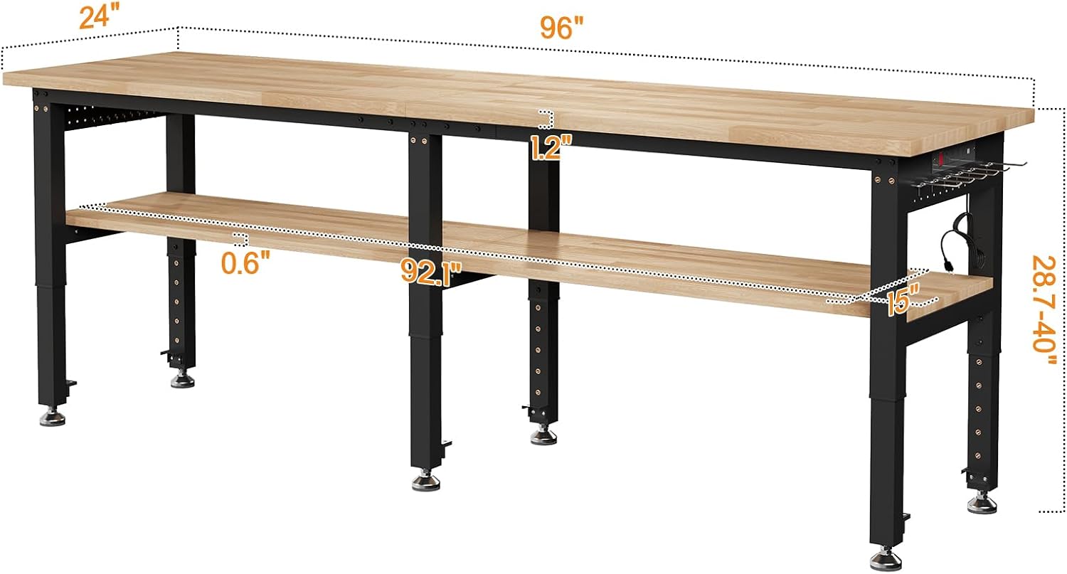 SPECRAFT Adjustable Black Heavy-Duty Workbench | 2000 Lbs Capacity, Rubber Wood Top, 4 AC Outlets and 2 USB Ports, for Garage, Workshop and Office